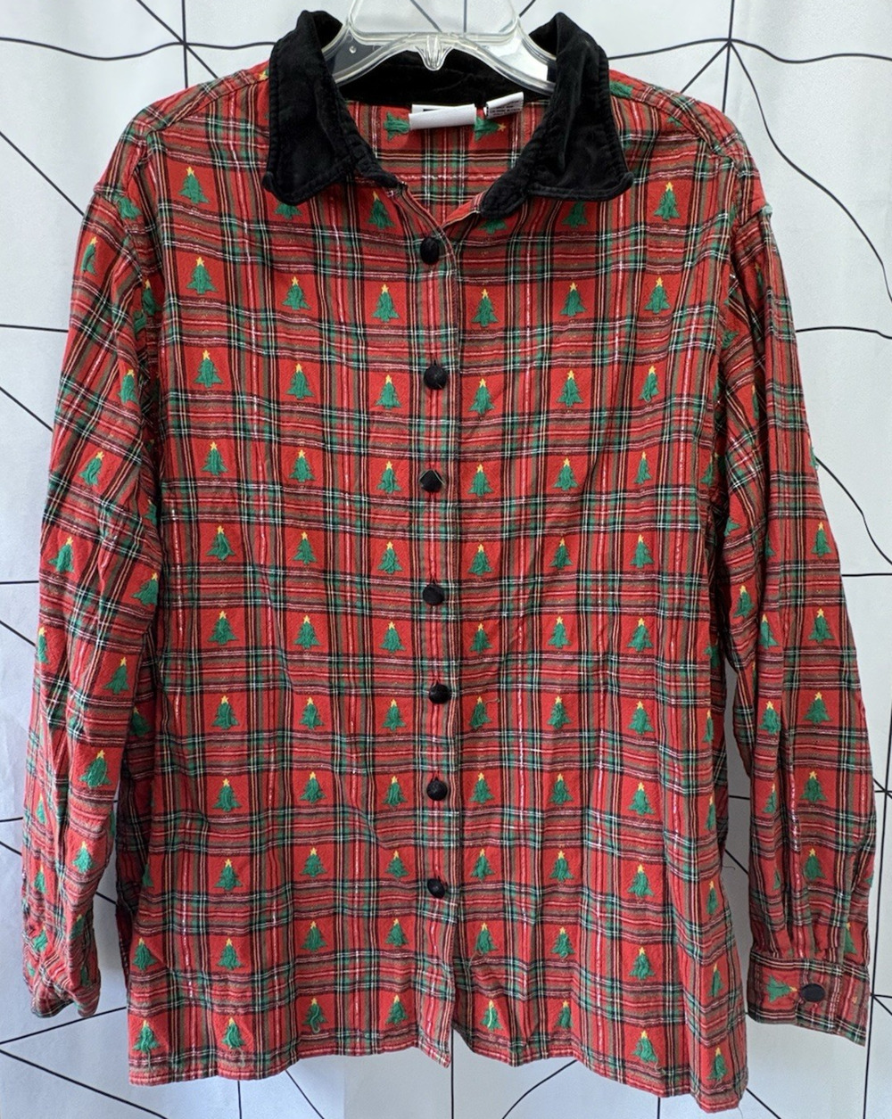 VTG Xmas Tree Plaid Metallic Detail Velvet Collar Button Up Shirt Womens XL 90s